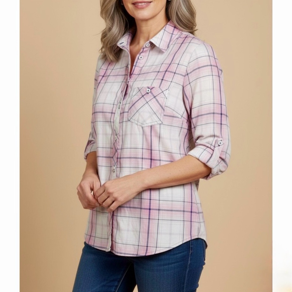 FOXCROFT Hampton Purely Plaid Pink White No Iron Wrinkle Free Button Up Shirt 8